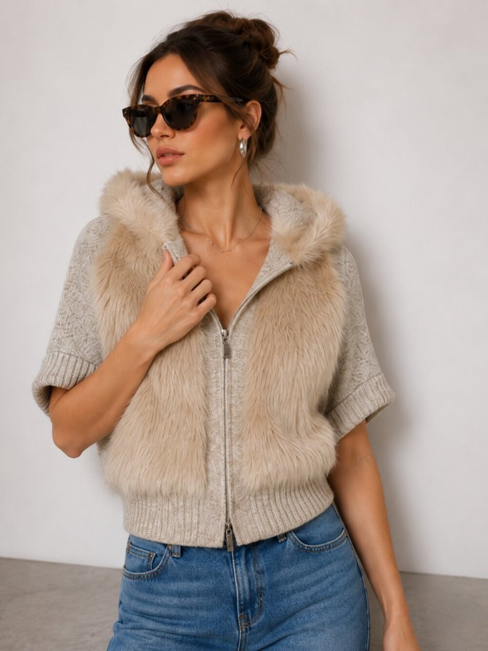 Oatmeal Faux Fur Hooded Knit Sweater Zip Up Luxe NWT